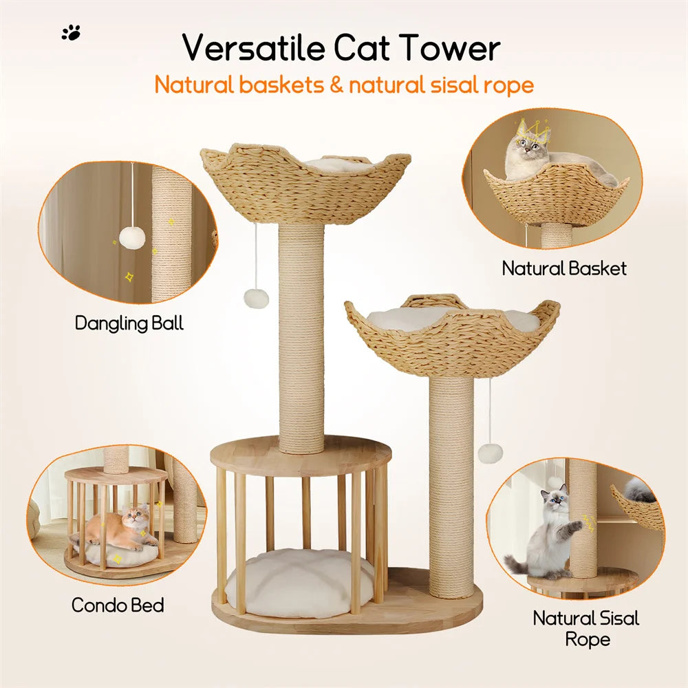 Three Tier Cat Tree Plush Napping Perches Sisal Rope Indoor