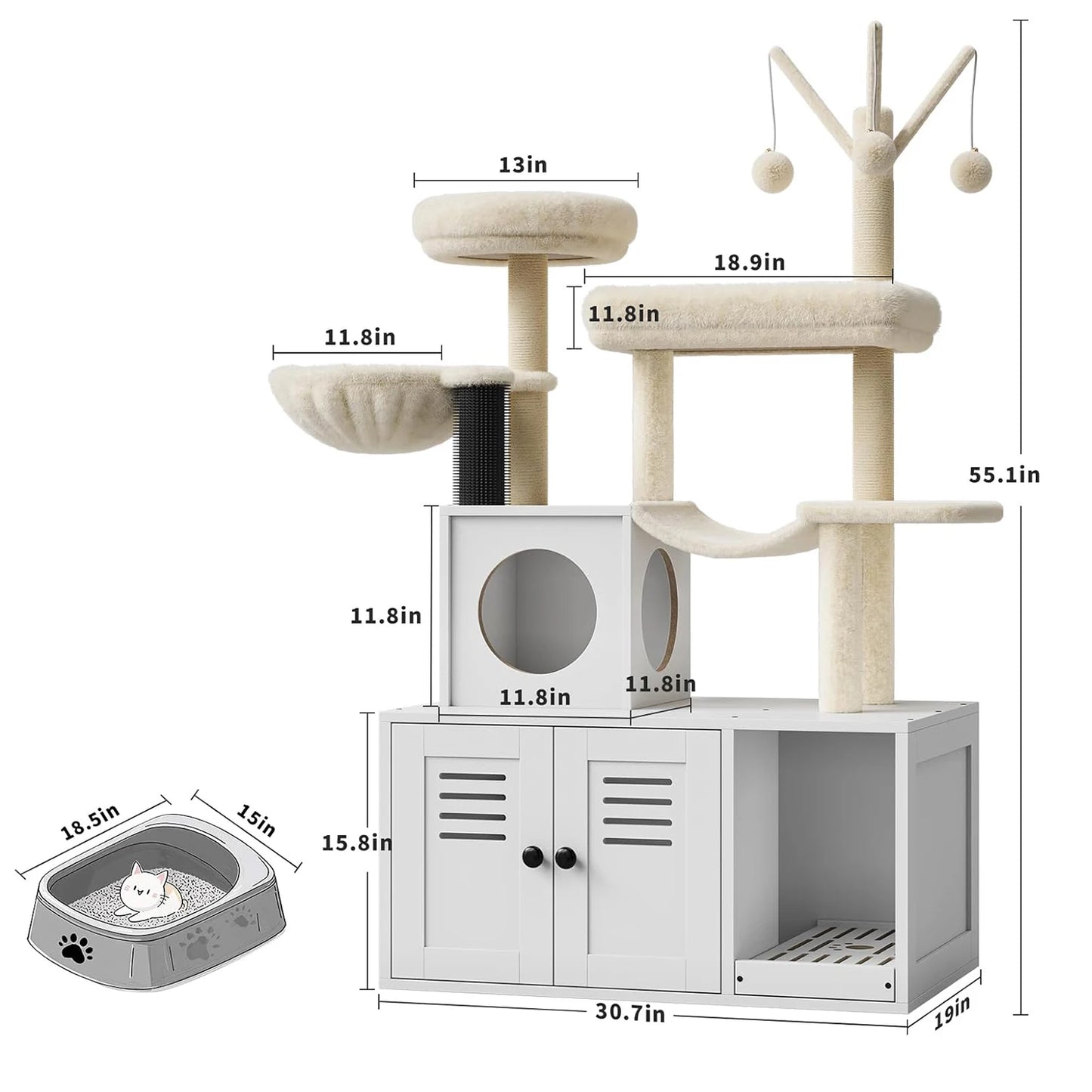 Wood Cat Tree with Litter Box Enclosure and Scratching Post for Indoor Cats