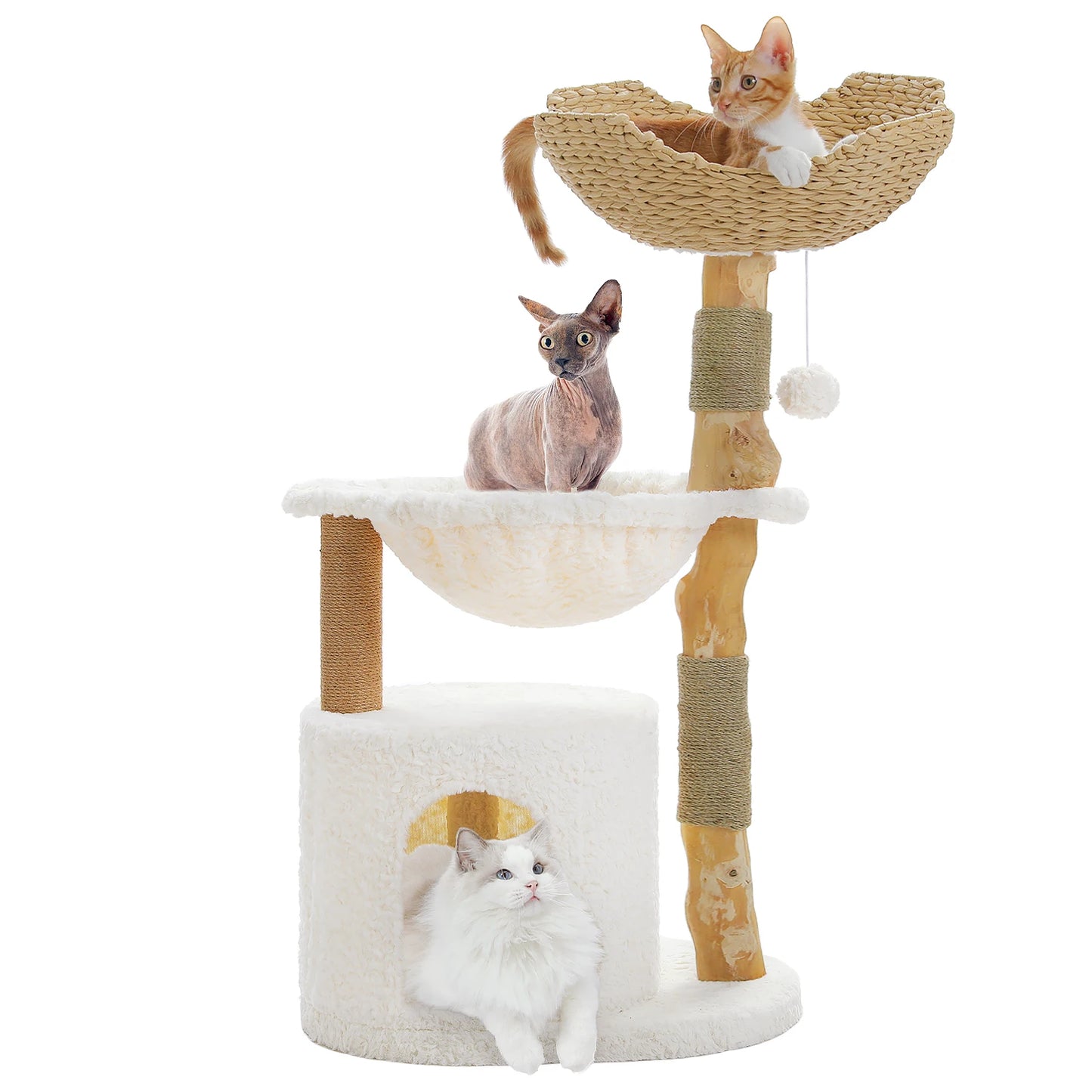 Modern Wood Cat Tree Tower With Large Wicker Basket And Hammock Indoor