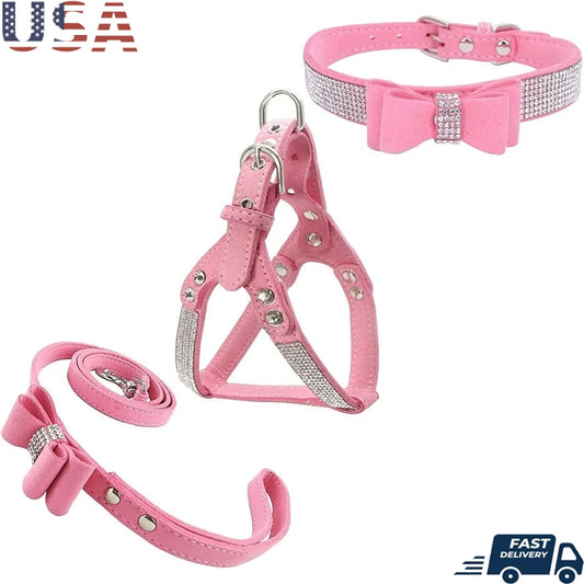 Diamante Bowtie Dog Collar Harness Leash Set for XS Puppies Soft Microfiber Pet Gear