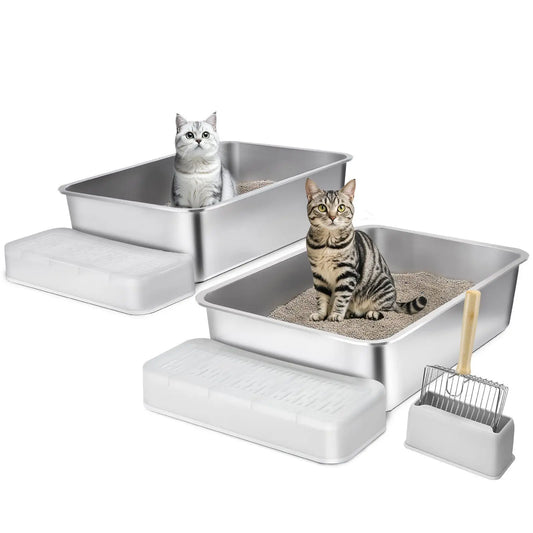 Stainless Steel Multi Cat Litter Box 2 Pack XL Trays Odor Proof Easy Clean Non Slip Design