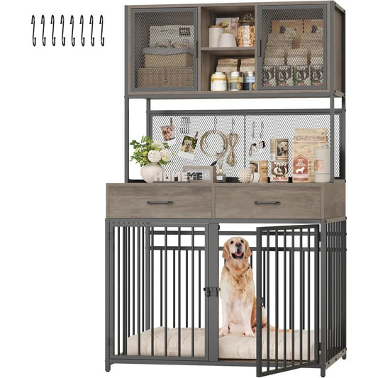 71 Inch Tall Dog Crate Furniture with Hutch and Storage for Large Medium Dogs