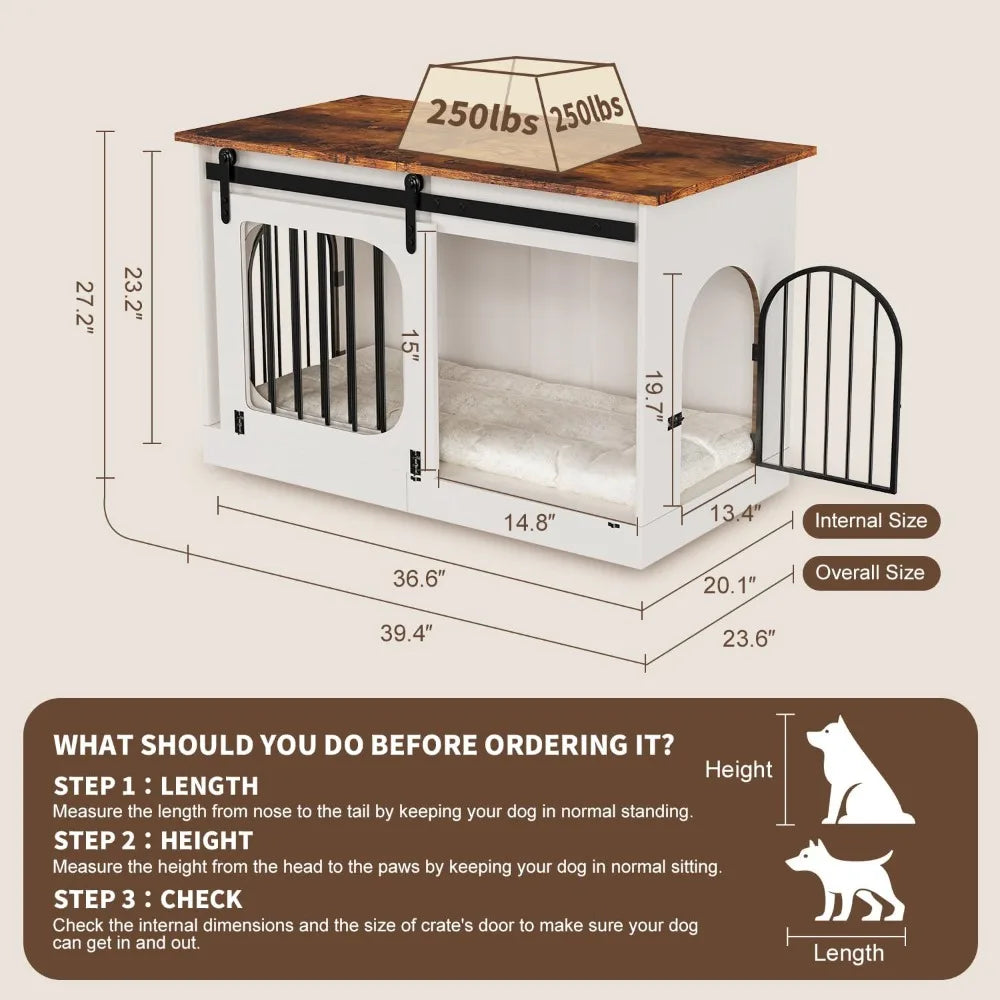 XL Farmhouse Dog Kennel Furniture With Cushion White Wood