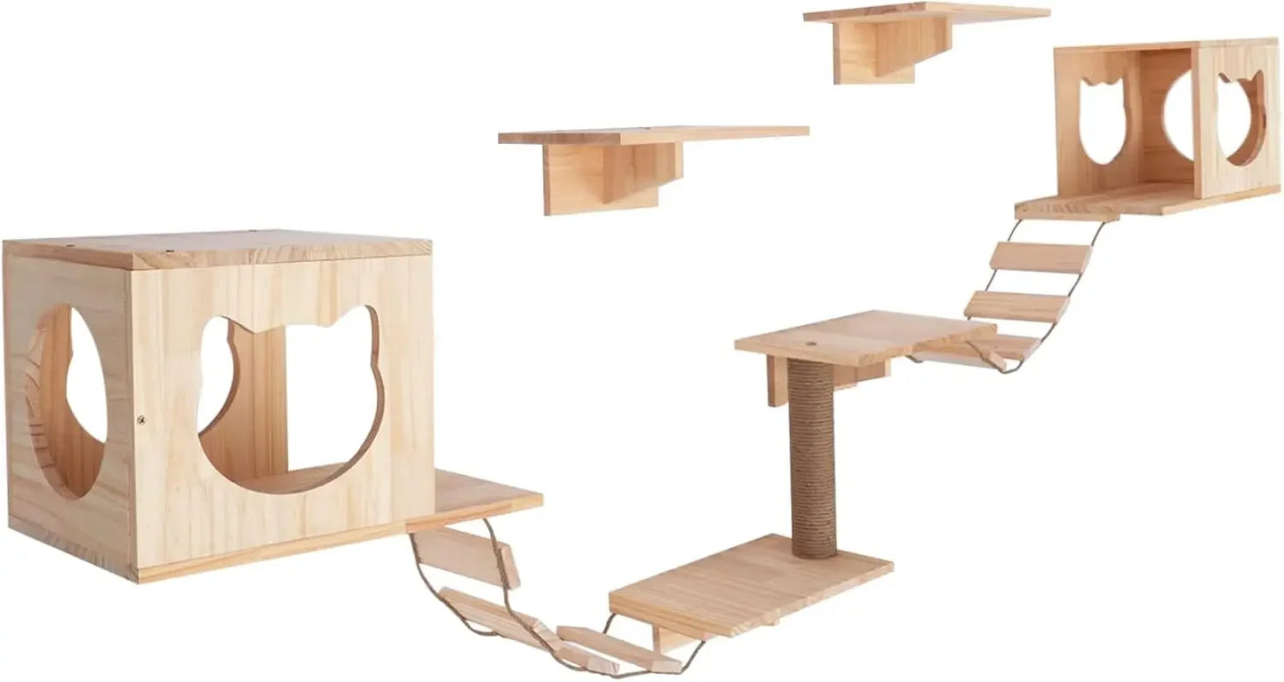 Wall Mounted Cat Tree Furniture Set with Shelves Ladders and Cat House for Indoor Climbing