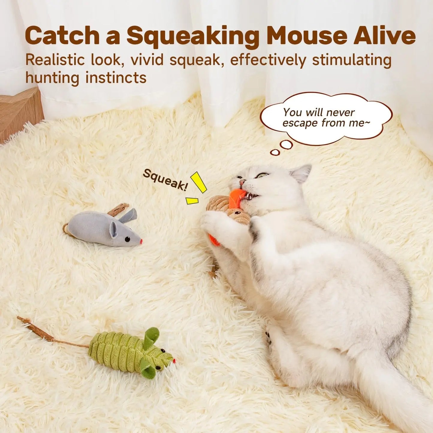 Interactive Cat Toy Set with 3 Squeaky Mice for Indoor Play and Dental Health