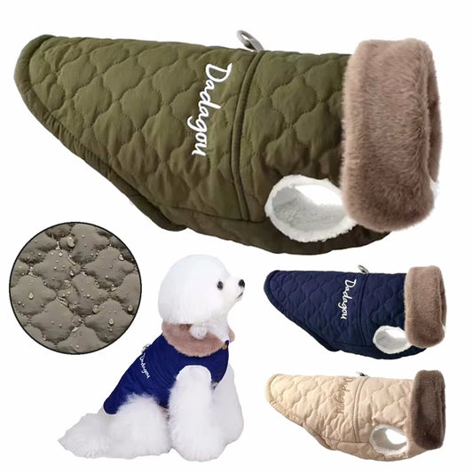 Winter Dog Coat With Fur Collar Warm Fleece Vest With D Ring