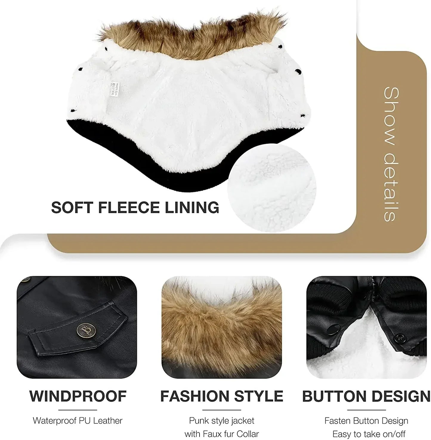 Waterproof PU Dog Winter Coat With Faux Leather Jacket