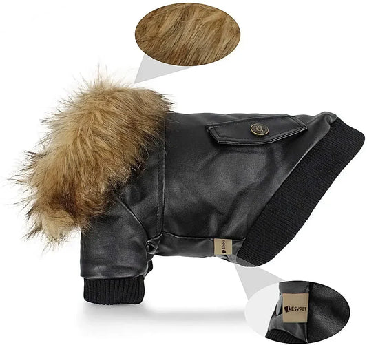 Waterproof PU Dog Winter Coat With Faux Leather Jacket
