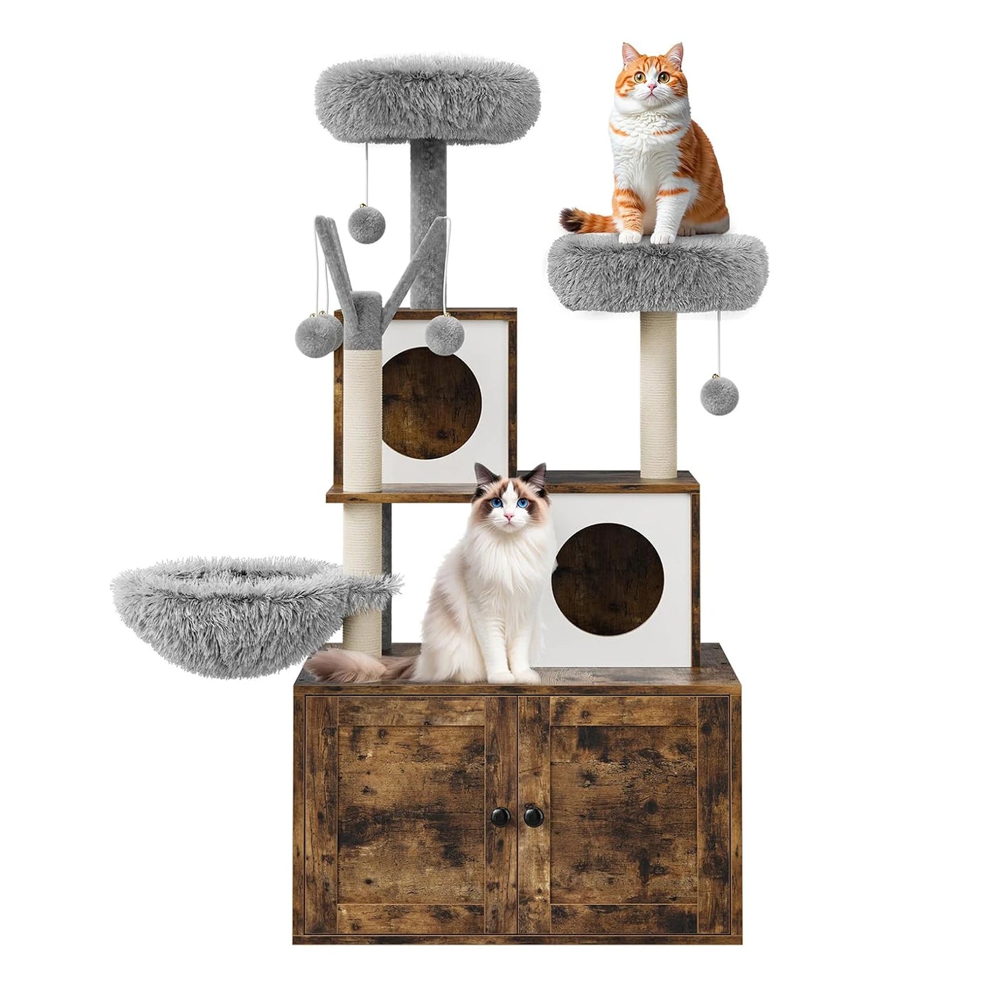 Wood Cat Tree with Litter Box Enclosure and Scratching Post for Indoor Cats