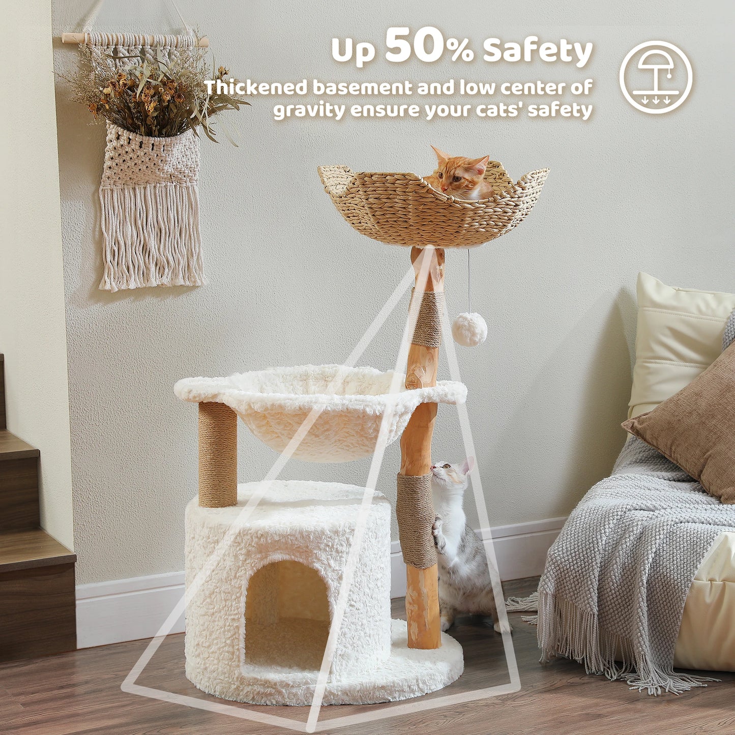 Modern Wood Cat Tree Tower With Large Wicker Basket And Hammock Indoor
