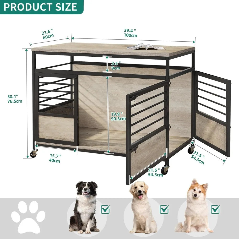 39 Inch Dog Crate Table On Wheels Heavy Duty Wood Cage With Double Doors