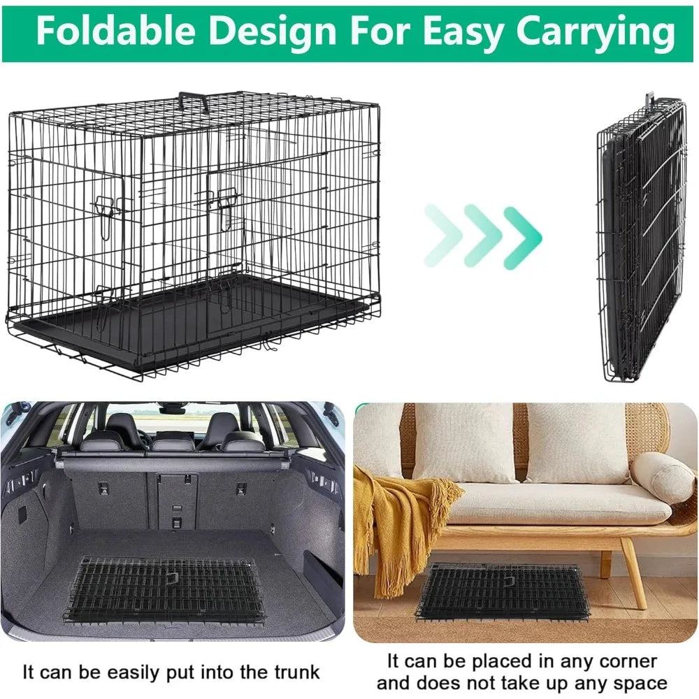 XL Dog Crate Double Door 42 Inch Folding Metal Wire Cage With Removable Tray