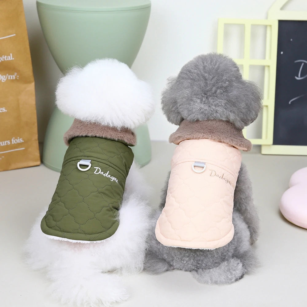 Winter Dog Coat With Fur Collar Warm Fleece Vest With D Ring