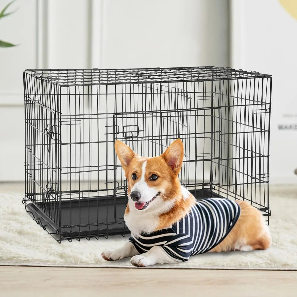 XL Dog Crate Double Door 42 Inch Folding Metal Wire Cage With Removable Tray
