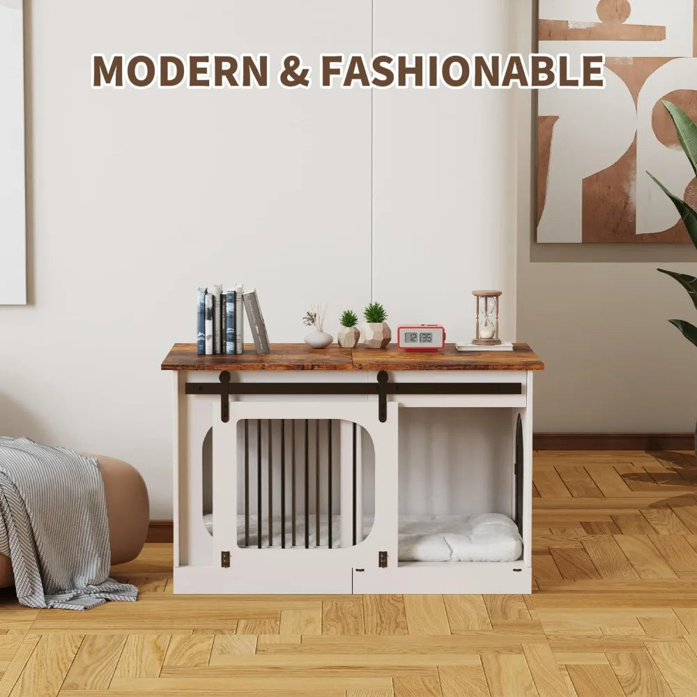 XL Farmhouse Dog Kennel Furniture With Cushion White Wood