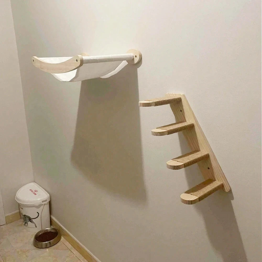 Cat Hammock and Stairway Wall Mounted Climbing Shelf with Sisal Rope Scratching Toy for Cats