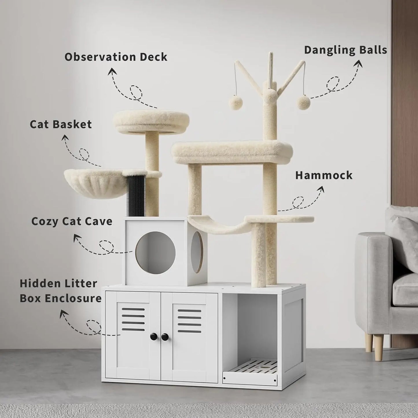 Wood Cat Tree with Litter Box Enclosure and Scratching Post for Indoor Cats