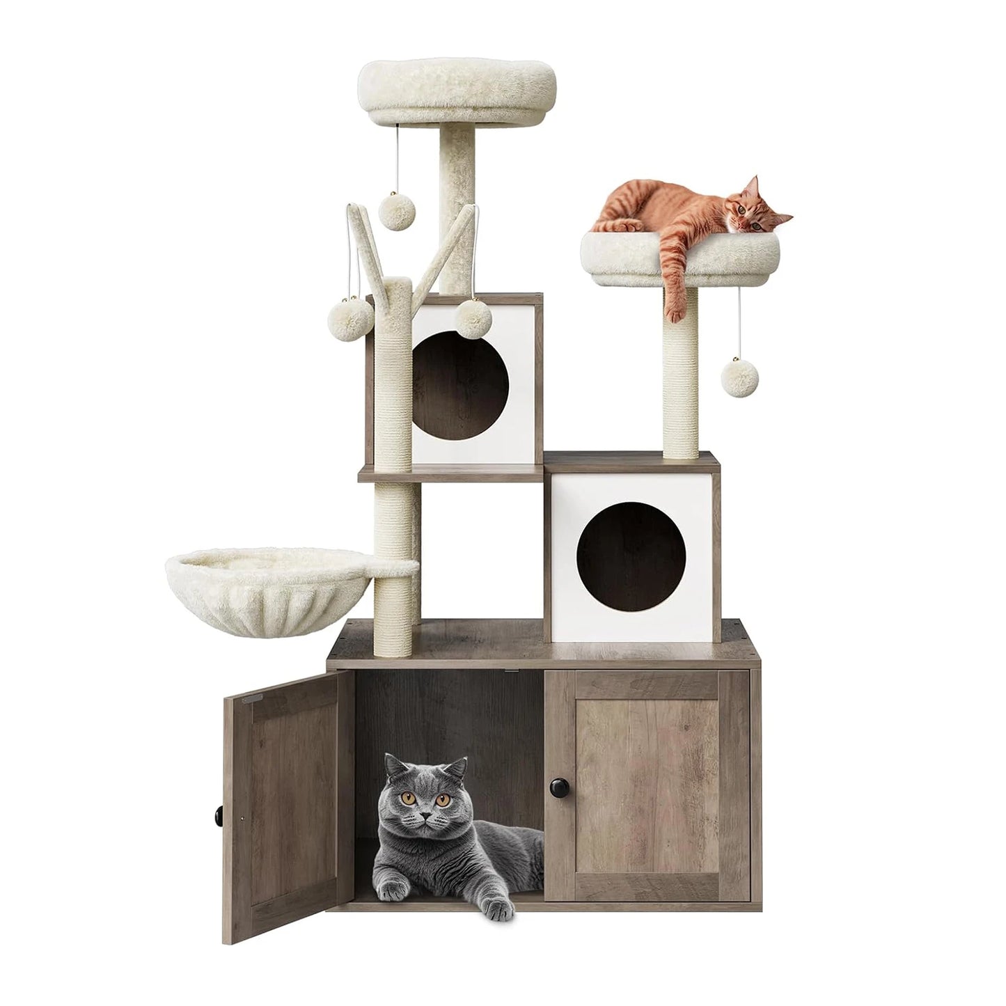 Wood Cat Tree with Litter Box Enclosure and Scratching Post for Indoor Cats