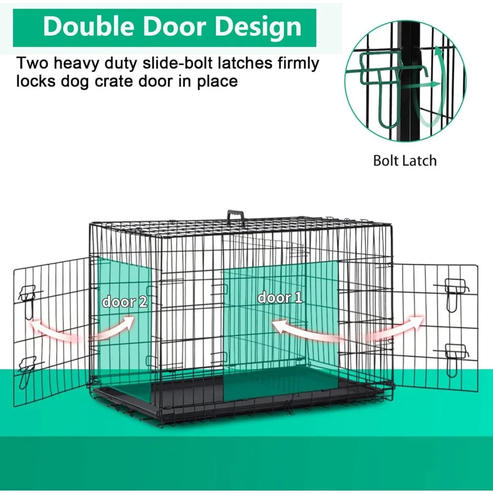 XL Dog Crate Double Door 42 Inch Folding Metal Wire Cage With Removable Tray