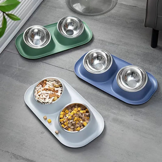 Stainless Steel Double Cat Dog Bowl With Non-slip Base