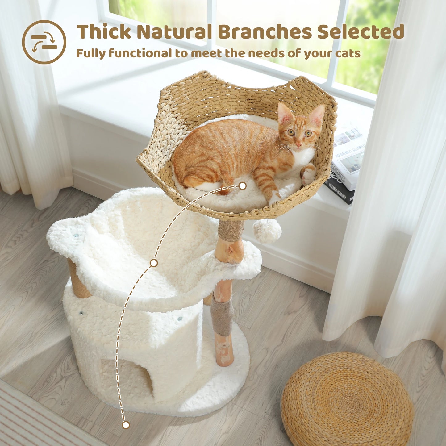 Modern Wood Cat Tree Tower With Large Wicker Basket And Hammock Indoor