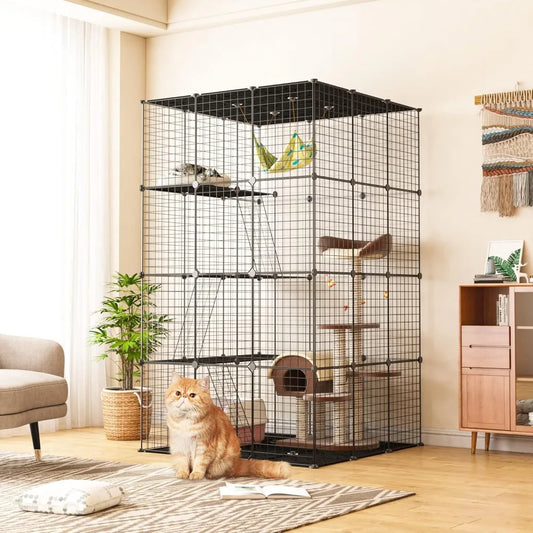 Indoor Cat Enclosure 3-Tier Wire Cages with Window Catio and Litter Box for Large Cats