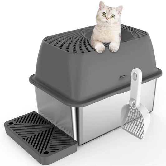 Top Entry Cat Litter Box with Footboard Odor Control Stainless Steel Easy Clean Anti-Leakage