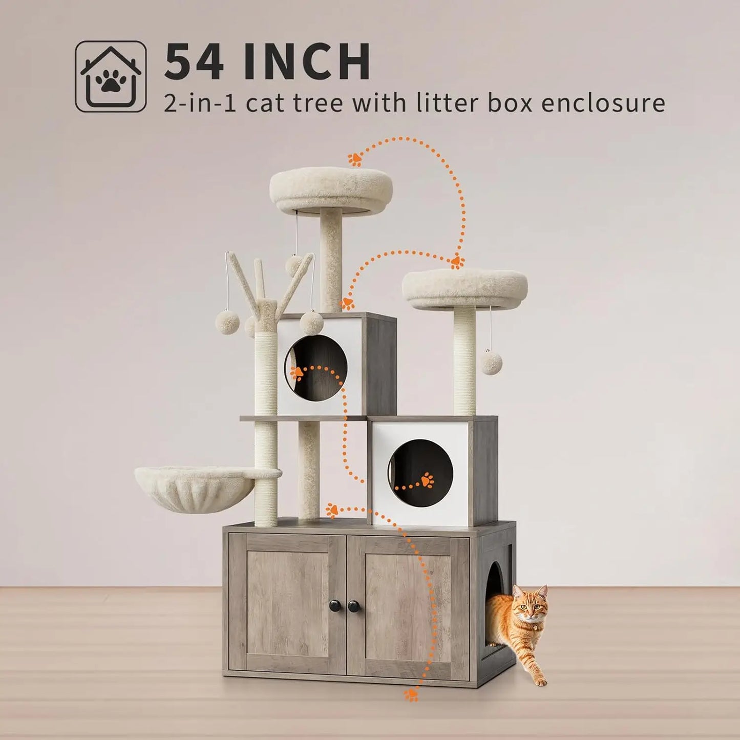 Wood Cat Tree with Litter Box Enclosure and Scratching Post for Indoor Cats