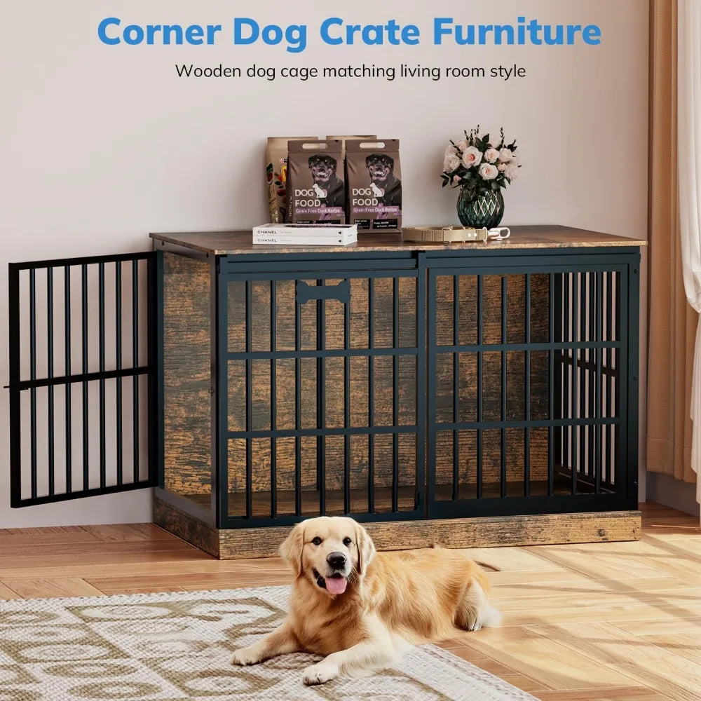XXL Wooden Corner Dog Crate With Sliding Barn Door Frame