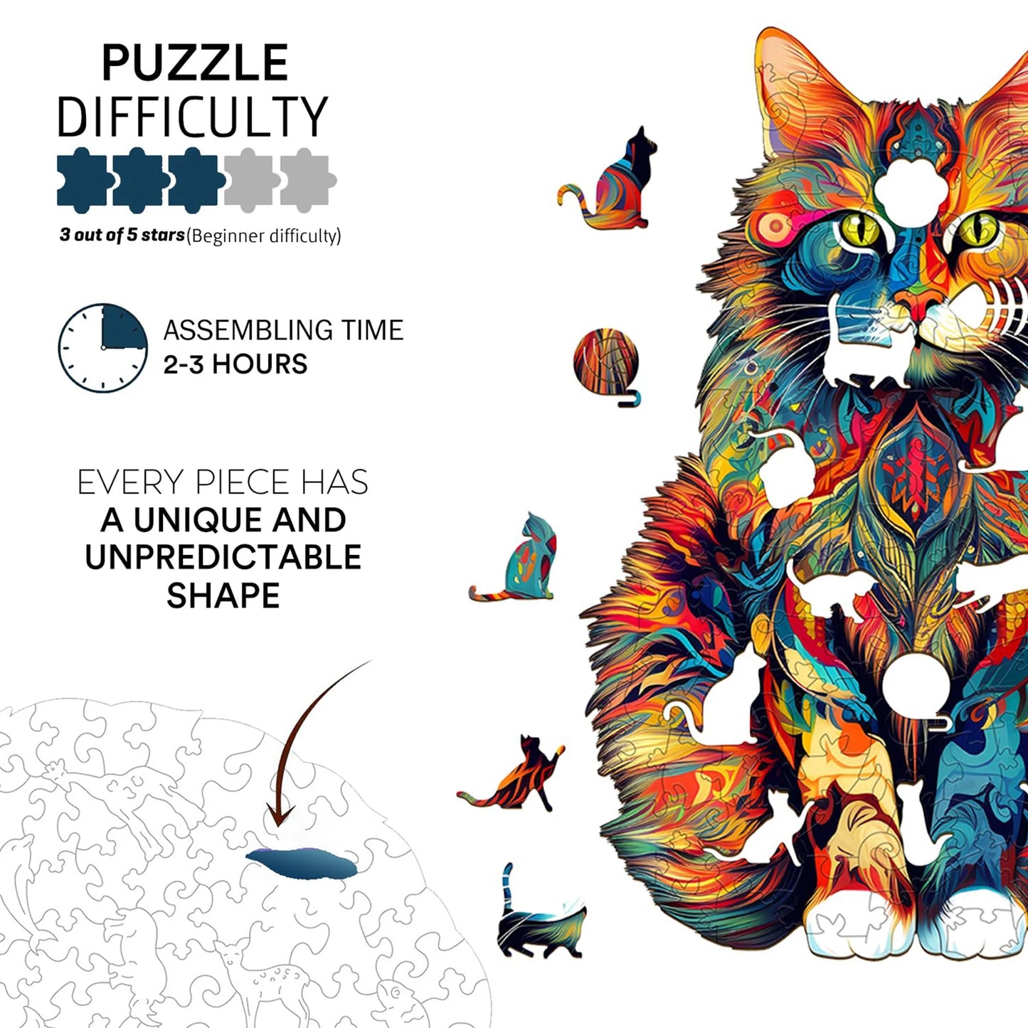Cat Pattern Wooden Jigsaw Puzzle Unique Animal Shape Educational Toy for Kids and Teens