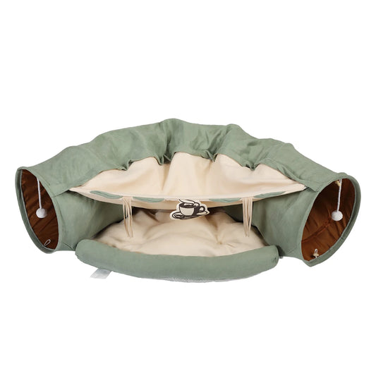 Cat’s Telescopic Tunnel Cushioned Bed Pet Nest Bright Green with Teasing Balls