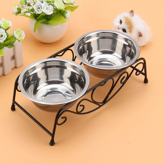 Stainless Steel Double Dog Cat Food Water Bowls Feeder Dishes Stand