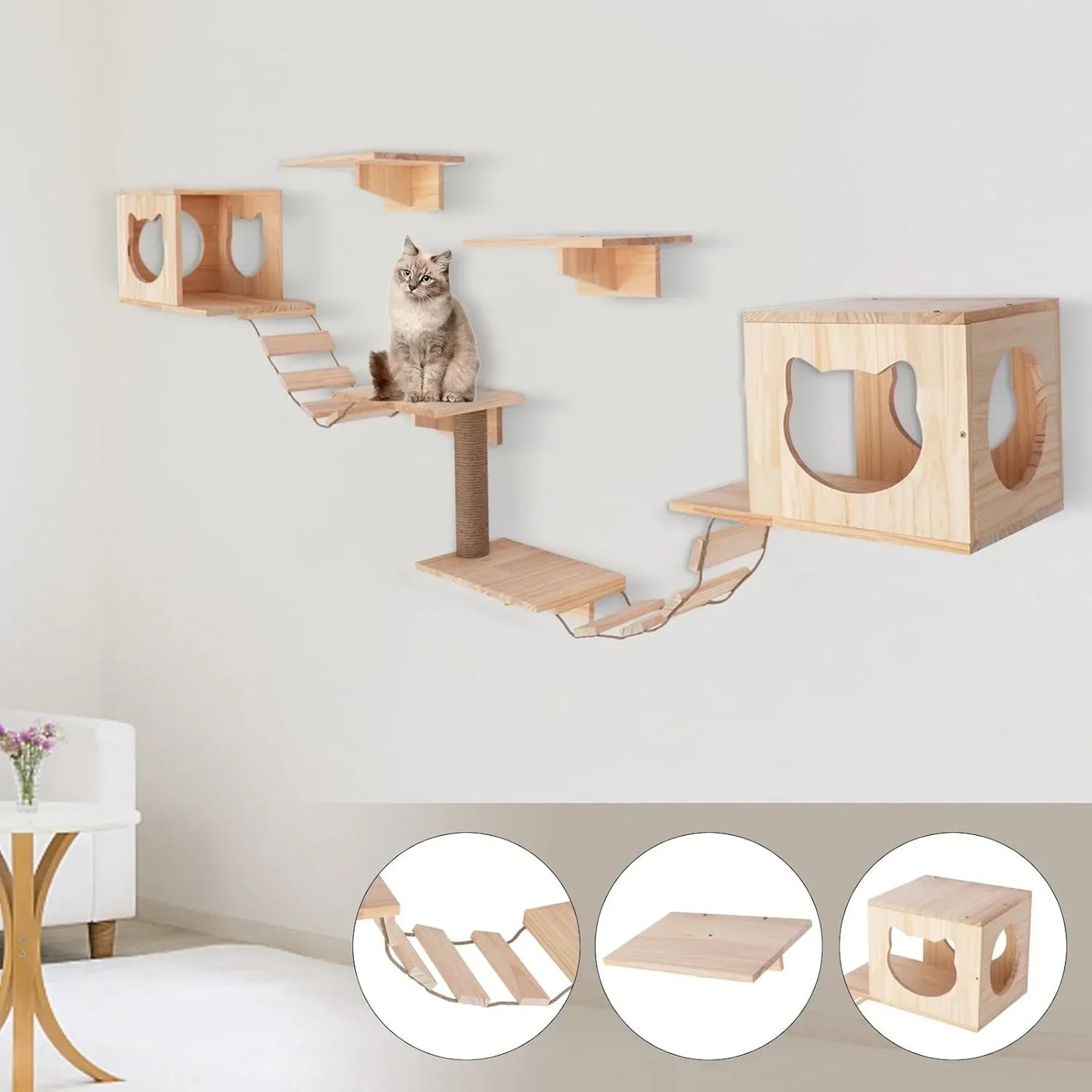 Wall Mounted Cat Tree Furniture Set with Shelves Ladders and Cat House for Indoor Climbing