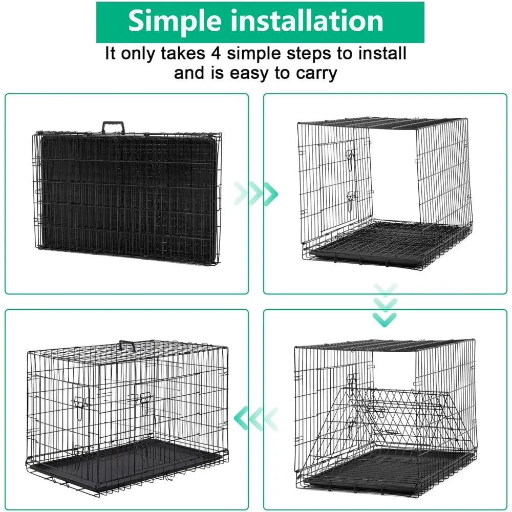 XL Dog Crate Double Door 42 Inch Folding Metal Wire Cage With Removable Tray