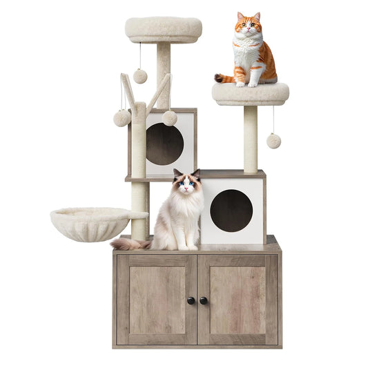 Wood Cat Tree with Litter Box Enclosure and Scratching Post for Indoor Cats