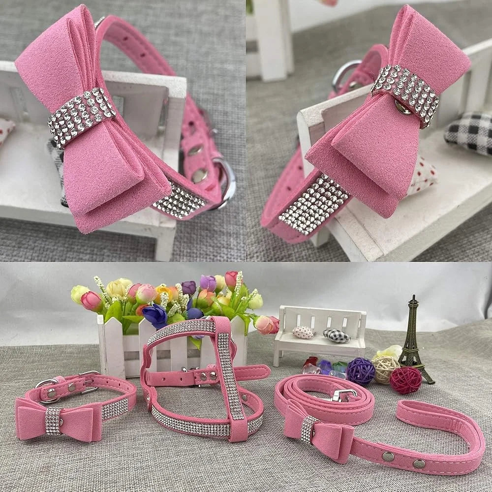 Diamante Bowtie Dog Collar Harness Leash Set for XS Puppies Soft Microfiber Pet Gear