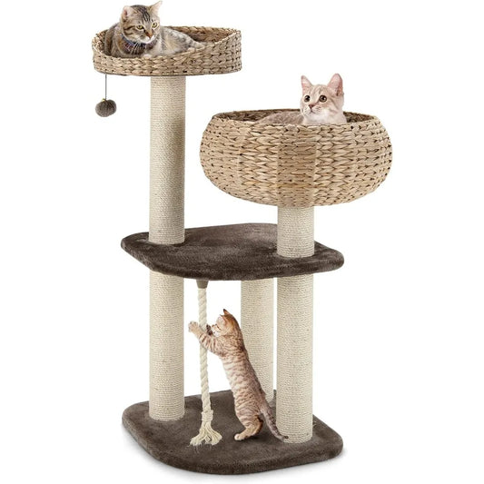 Tangkula Modern Cat Tree Tower with Sisal Scratching Post and Wicker Condo for Indoor Cats