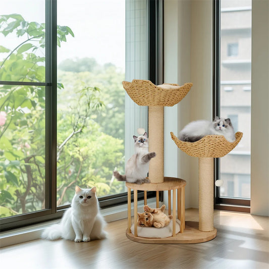 Three Tier Cat Tree Plush Napping Perches Sisal Rope Indoor