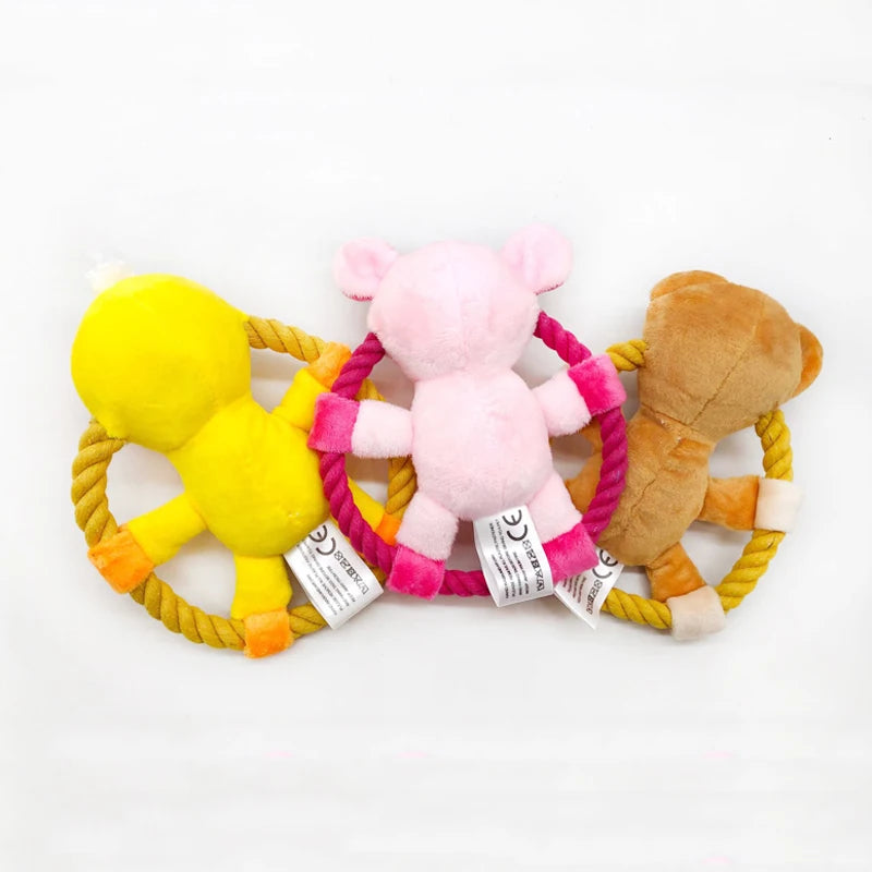 Cotton Rope Dog Toy Squeaker Throw Toy Cartoon Duck Pig