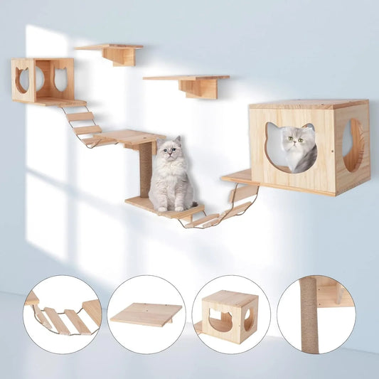 Wall Mounted Cat Tree Furniture Set with Shelves Ladders and Cat House for Indoor Climbing