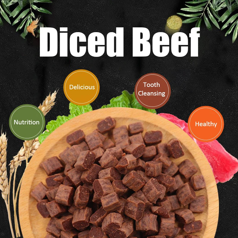 Premium Diced Beef Dog Treats Nutrient Rich Chewy Snacks for Training Adult and Puppy Dogs