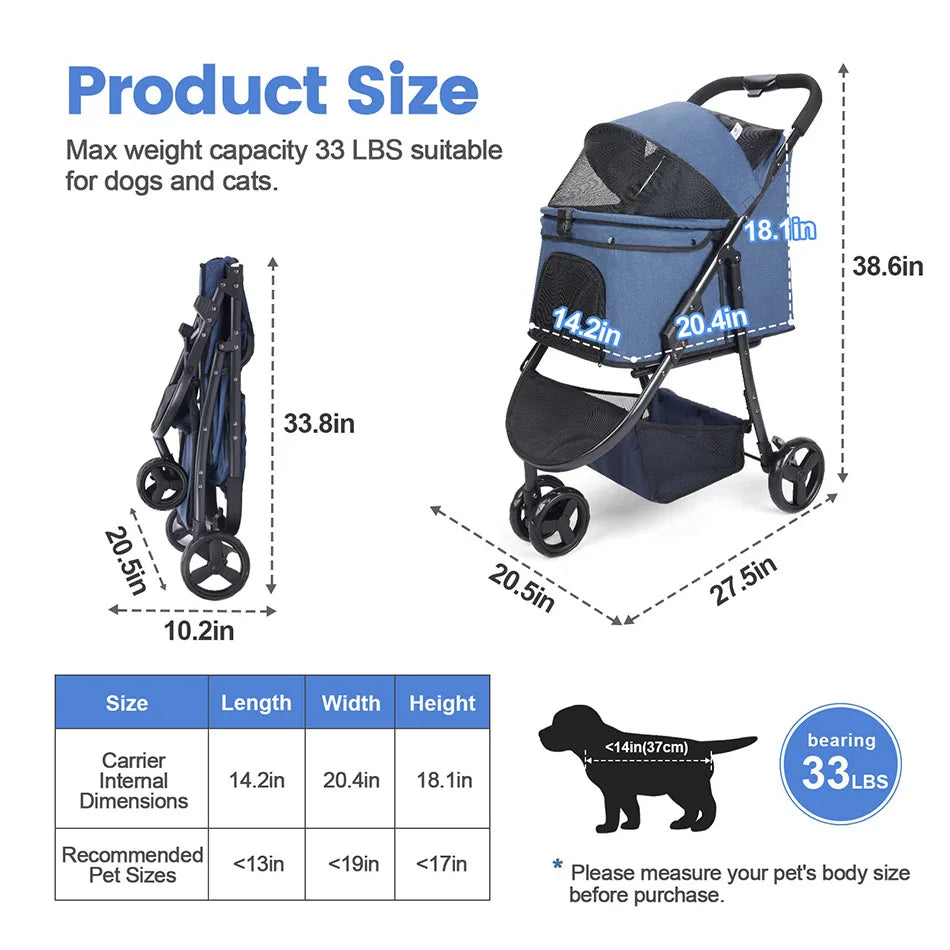 Pet Stroller Bag Travel Car Foldable 300lbs Stroller for Dogs