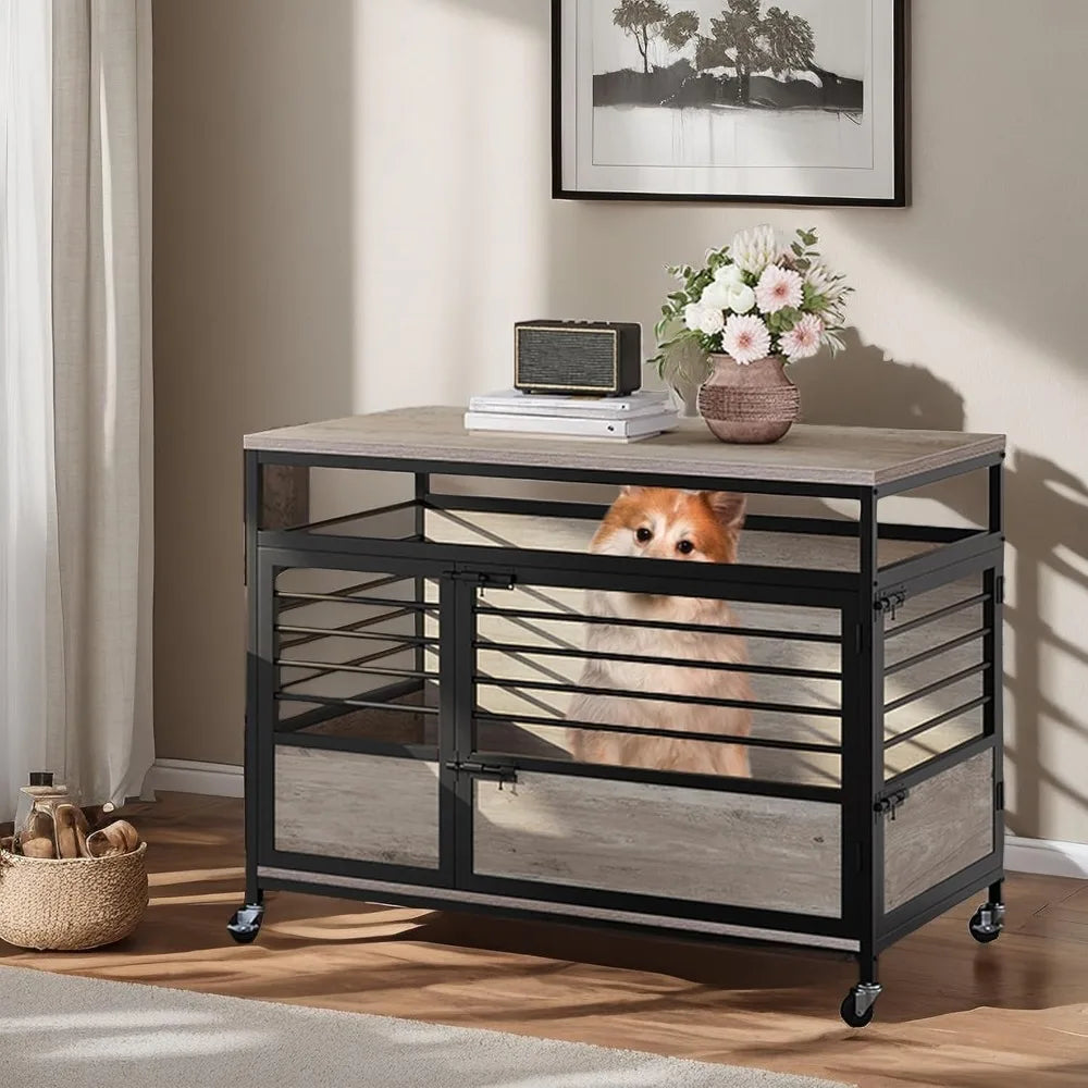 39 Inch Dog Crate Table On Wheels Heavy Duty Wood Cage With Double Doors