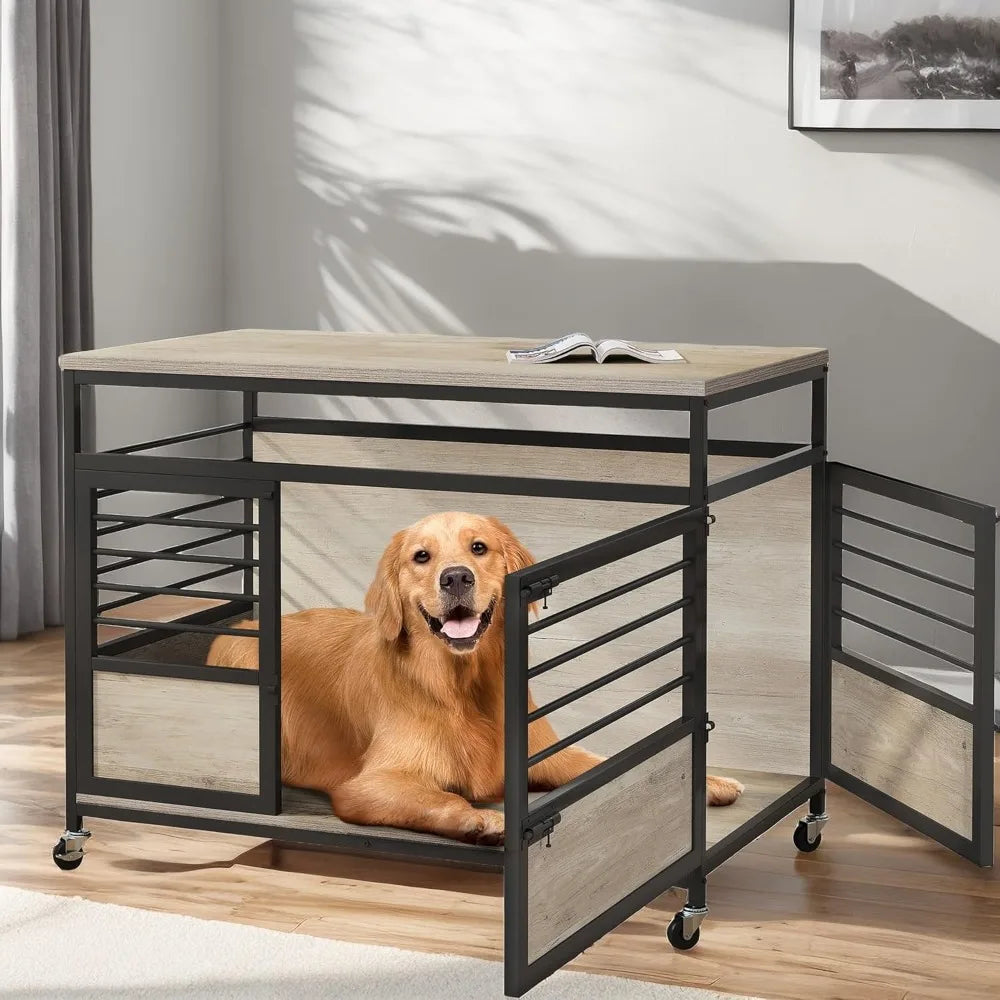 39 Inch Dog Crate Table On Wheels Heavy Duty Wood Cage With Double Doors