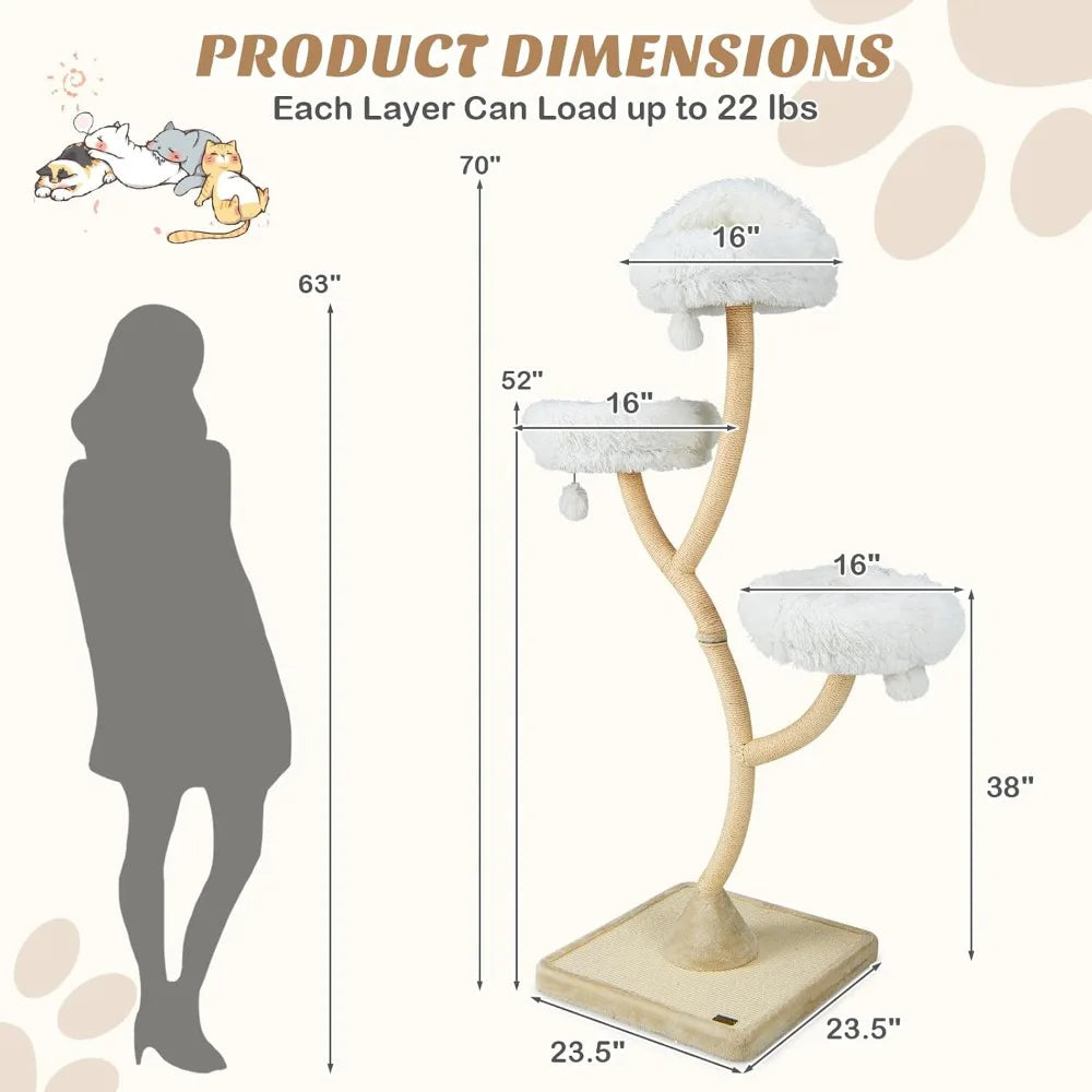 70 Inch Tall Cat Tree Tower with Scratching Posts Cozy Multi Level Design for Large Cats