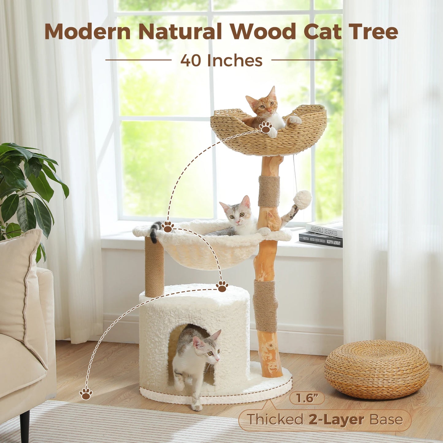Modern Wood Cat Tree Tower With Large Wicker Basket And Hammock Indoor