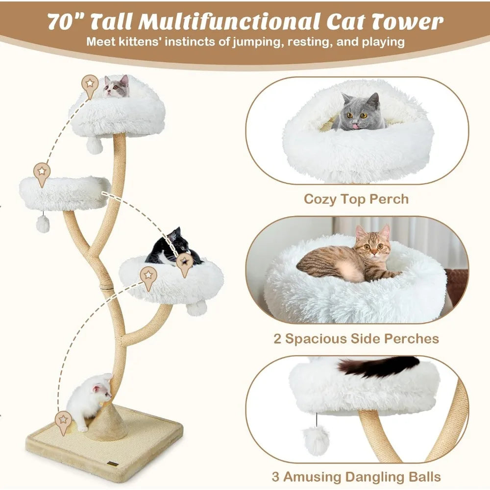 70 Inch Tall Cat Tree Tower with Scratching Posts Cozy Multi Level Design for Large Cats