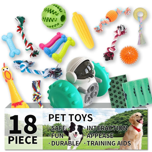 18 Piece Dog Toy Pack with Squeaky Toys Ropes and Food Dispensers for Interactive Play