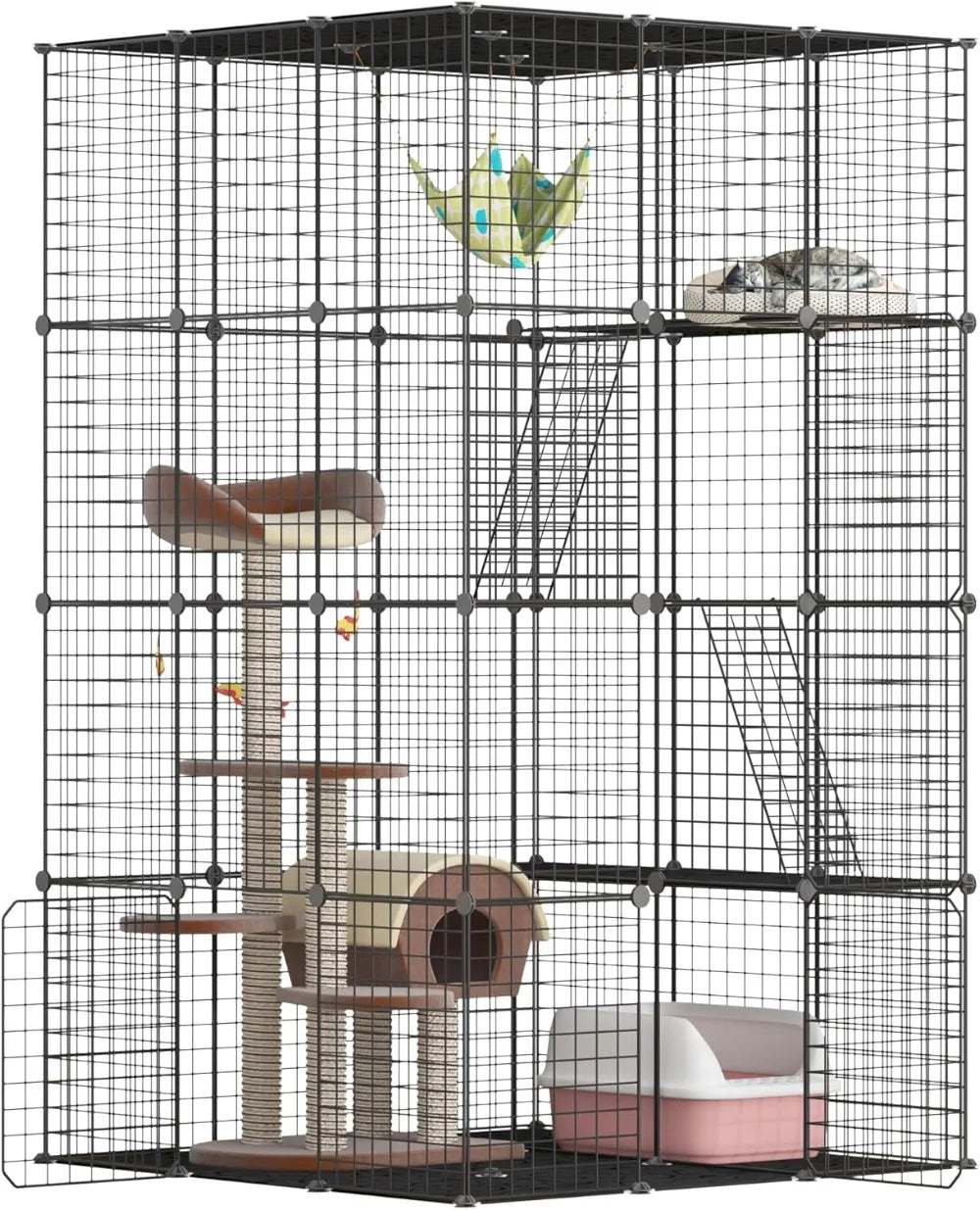 Indoor Cat Enclosure 3-Tier Wire Cages with Window Catio and Litter Box for Large Cats