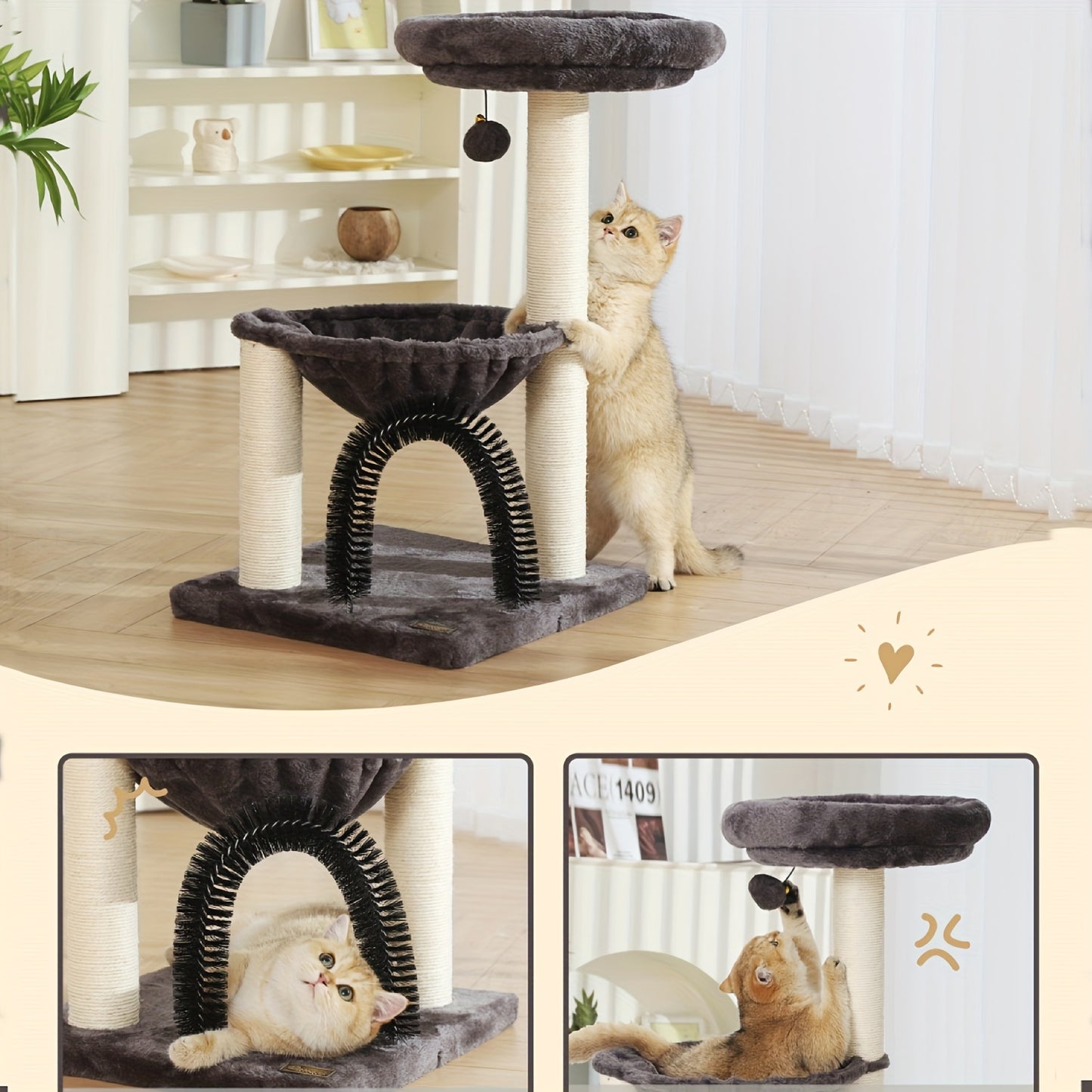 FluffyDream 27.8 Inch Multi-Level Cat Tree Tower for Indoor Cats and Kittens in Creamy Gray